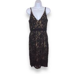 XSCAPE V-Neck Spaghetti Strap Black Lace Midi Sheath Dress size 6